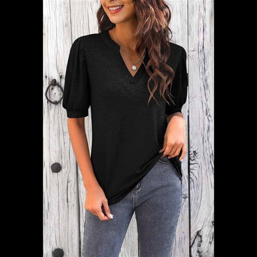 Womens V Neck T Shirts Business Casual Puff Sleeve Loose Dressy Blouses Tops